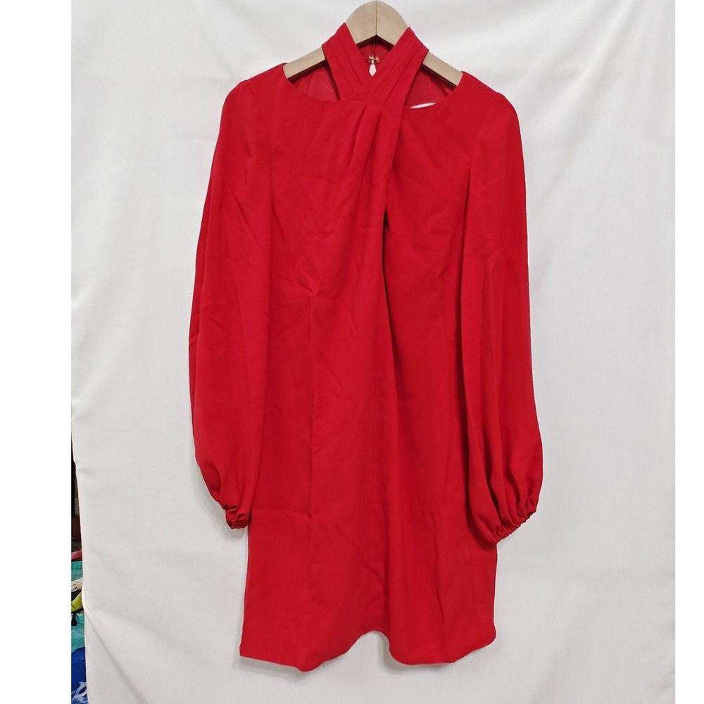 Trina Turk Kanai Dress Red Mock Neck Keyhole Long Sleeve XS NWT